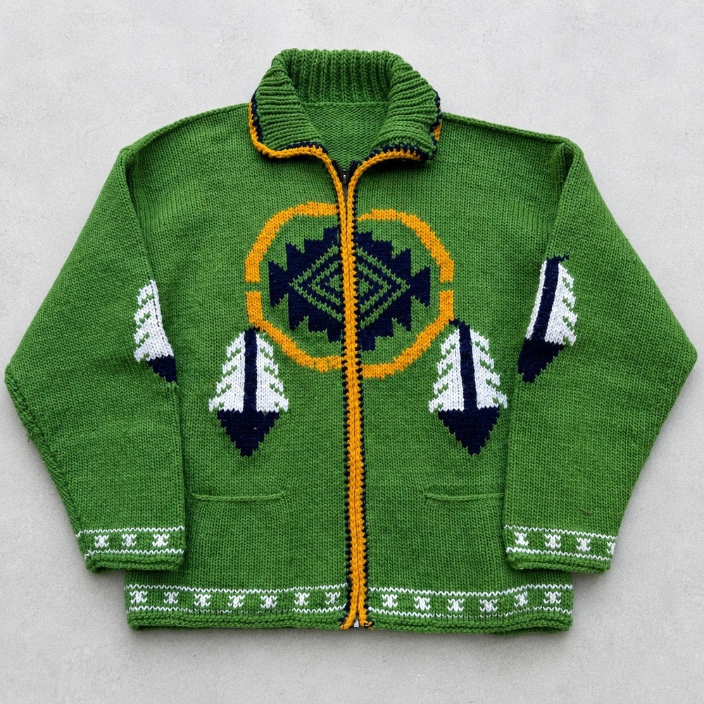 Vintage Handmade Green Wool Dreamcatcher Cowichan Zip Cardigan Sweater XL 70s